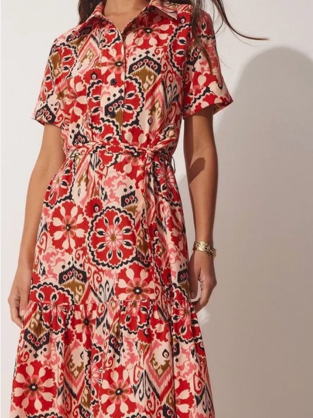 Zara Red and Pink Floral Midi Shirt Dress - Picture 1 of 4